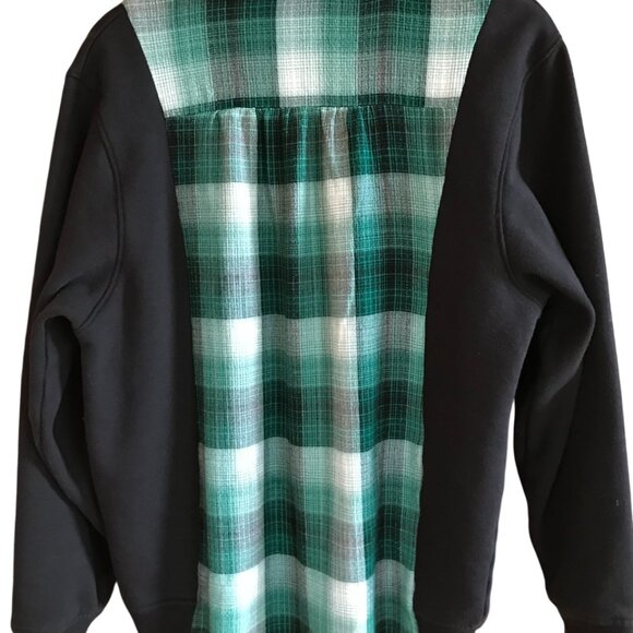 Upcycled Flannel Shirt: Green Plaid Sweatshirt, Button-Down Sweater, Size M - Picture 7 of 11